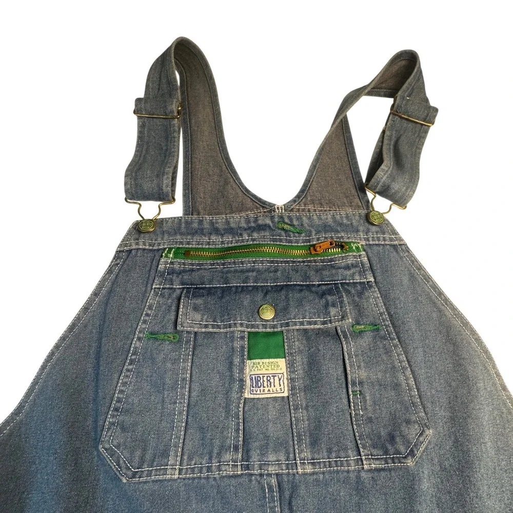 Liberty Denim Bib Overalls Mens 40x30 Blue Green Accent Workwear Carpenters Y2K